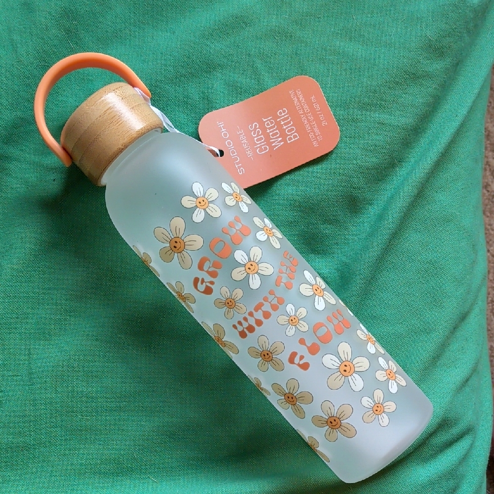 Studio Glass Water Bottle with Orange Floral Design